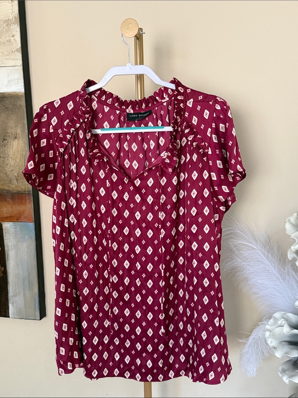 Lane Bryant Burgundy Diamond-Print Tie-Neck Blouse